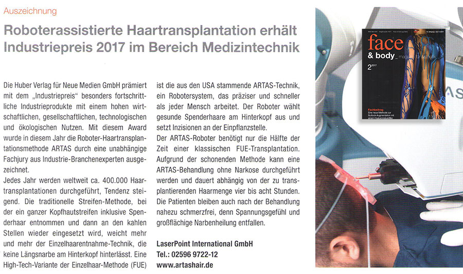 Roboterassistierte Haartransplantation erhält Industriepreis 2017 im Bereich Medizintechnik